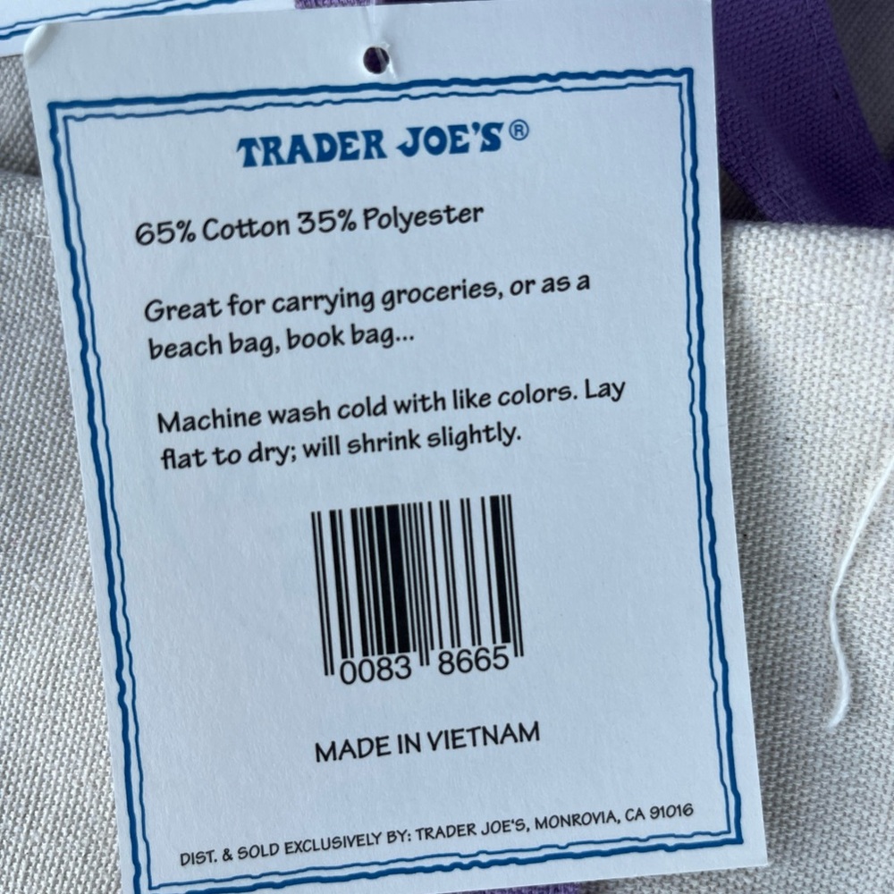 Trader Joe’s Cream and Lavender Canvas Tote Bag Large NWT - Picture 4 of 4